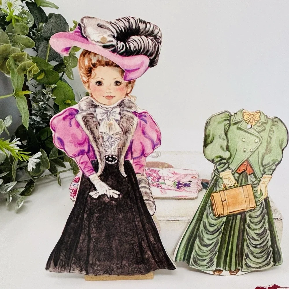 Vintage Wooden Paper Dolls Victorian Dress Up & Fireplace Lot Cottagecore